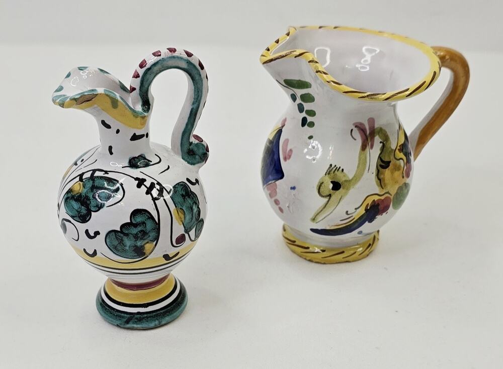 2 Vintage Miniature Pitcher Italy Hand Painted Floral Italian Countryside 3 Inch